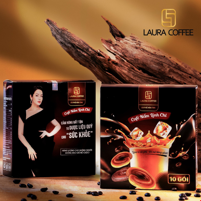 Combo 15 Hộp Cà phê nấm Linh chi Laura Coffee Hộp 10 gói - Tặng kèm 1 Ly Kim Cương Cao Cấp