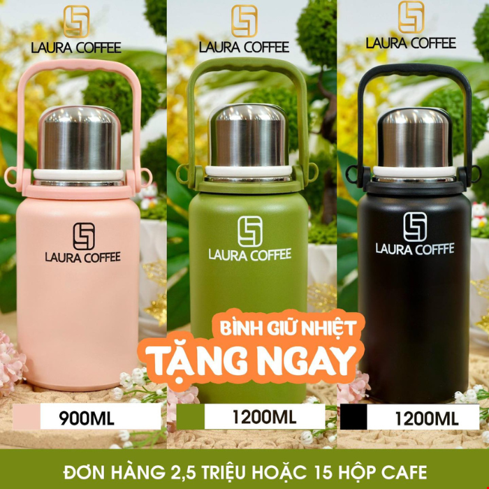 Combo 10 Hộp Cà phê nấm Linh chi Laura Coffee Hộp 10 gói - Tặng kèm 1 Bình Giữ Nhiệt Cao Cấp